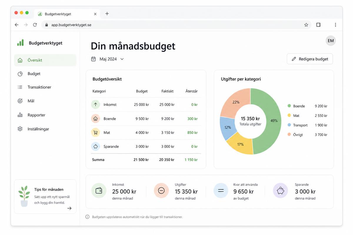 Exempelvy av budgetverktyget med budgetrader och cirkeldiagram