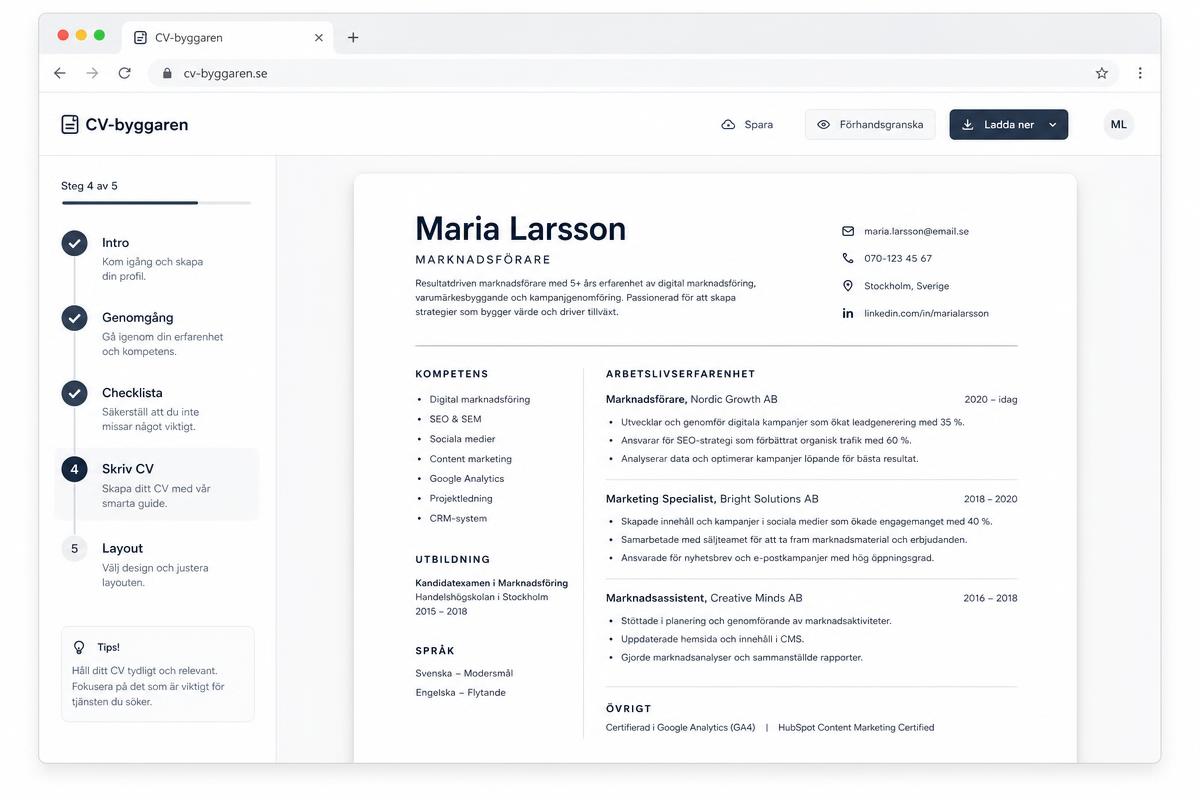Exempelvy av CV-byggaren med stegen intro, genomgång, checklista och CV-förhandsvisning