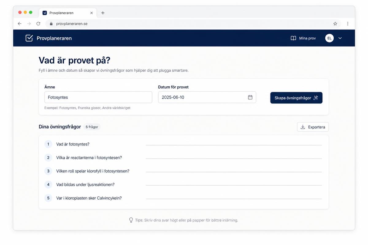 Exempelvy av provplaneringen med frågan vad provet är på och genererade övningsfrågor