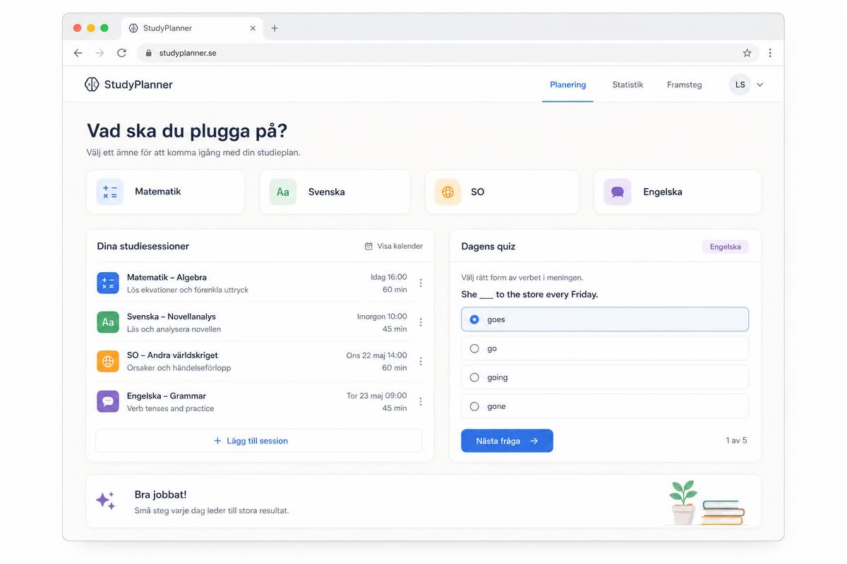 Exempelvy av studieplaneraren med ämnesval, studiepass och quiz