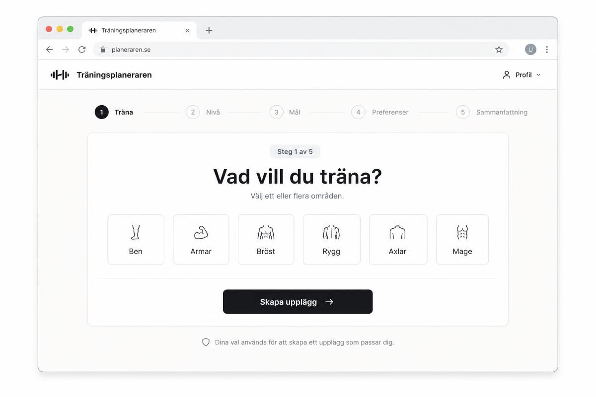 Exempelvy av träningsupplägget med frågan vad vill du träna och val av muskelgrupper